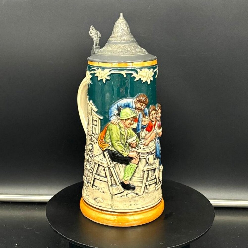 Vintage 1970's German Pottery Hand Painted Ceramic Beer Stein with Pewter Lid 9"